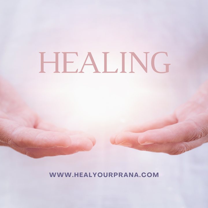 Soft pink graphic of open hands with the word HEALING and the address www.healyourprana.com
